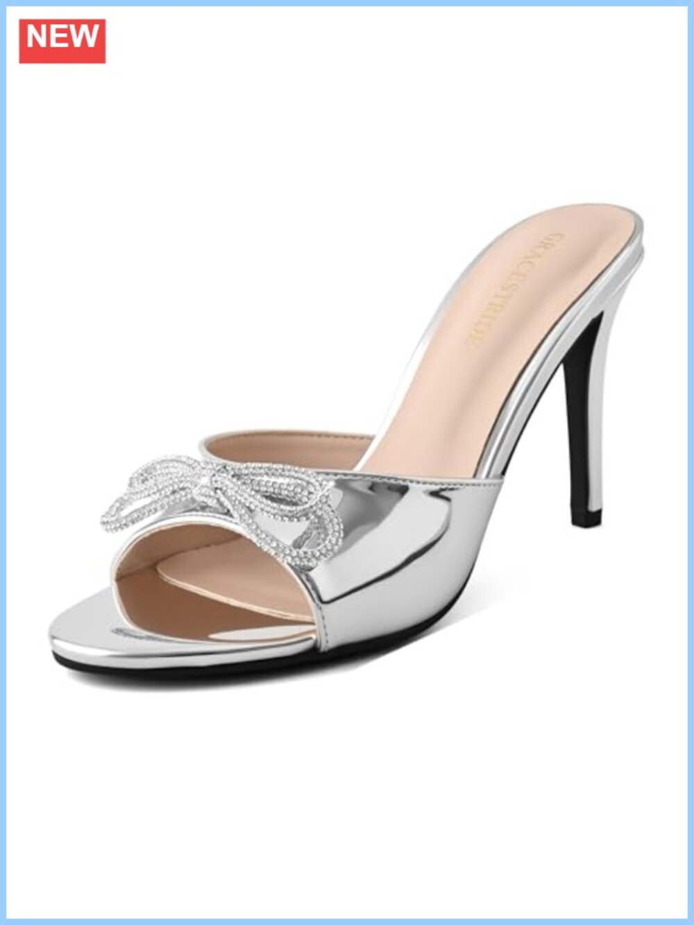 Women's Stiletto Mule Heels Slip On Patent Leather Rhinestone Bow Sandals